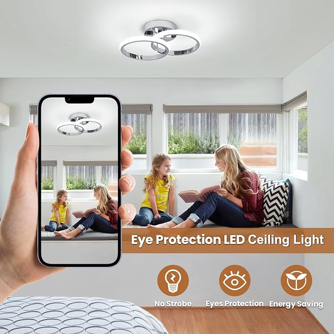 CANEOE 2 Packs Modern Led Ceiling Light Fixtures, 6000K Cool White Hallway Light Fixtures Ceiling, Bathroom Close to Ceiling Lights for Corridor Stair Aisle Lamps (Chrome, 2 Packs)