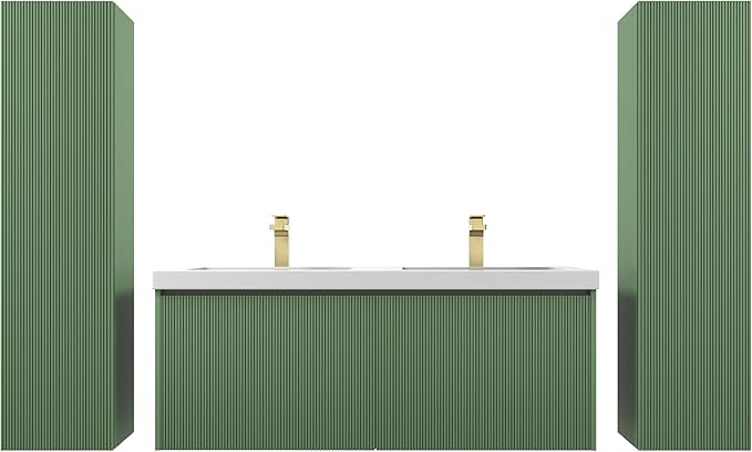 Blossom 48 Inch Double Sink Bathroom Vanity with Side Cabinets, All Wood Wall Mounted Floating Bathroom Vanity with Acrylic Sink, Soft-Close Drawers, Bathroom Vanities, Aventurine Green
