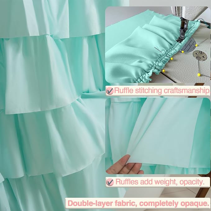 Teal Ruffle Shower Curtain, Elegant Boho Bathroom Decor, Extra Long Textured Fabric, Rustic Farmhouse Style, Chic Girly Aqua Curtains, Privacy & Decorative Design, 36 x 72 inch