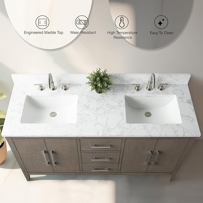 Vanity Art 60 inch Bathroom Vanity with Double Sink & Ceramic Top, Vanity Cabinet with Soft-Closing Doors, Drawers, Solid Wood Frame, Driftwood Gray, VA9060-DDG-MB1