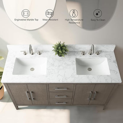 Vanity Art 60 inch Bathroom Vanity with Double Sink & Ceramic Top, Vanity Cabinet with Soft-Closing Doors, Drawers, Solid Wood Frame, Driftwood Gray, VA9060-DDG-MB1