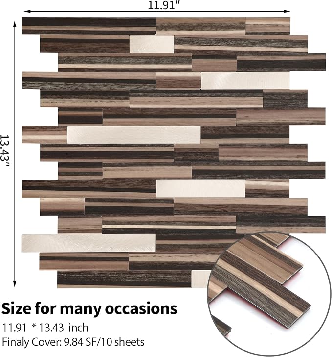 Yipscazo 10 Sheets Peel and Stick Stone Metal Tile Backsplash, Stick on Tiles for Backsplash Kitchen, Bathroom, Laundry Room, Camper, Fireplace (12'' X 12'', Brown Wood)