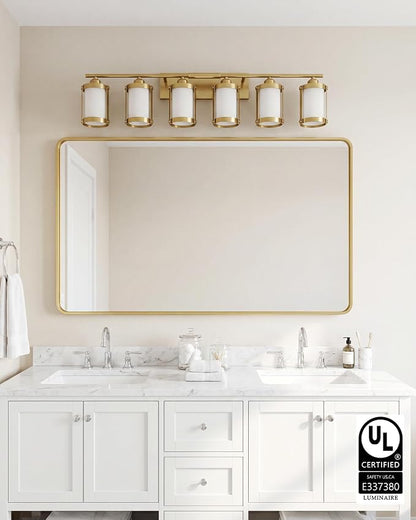 6-Light Brushed Gold Bathroom Light Fixtures Over Mirror with Frosted Milk Glass and Metal Cage Shade, 42" UL-Listed Modern Farmhouse Wall Sconce for Bath, Hardwire E26, OS-3014BGW-6W