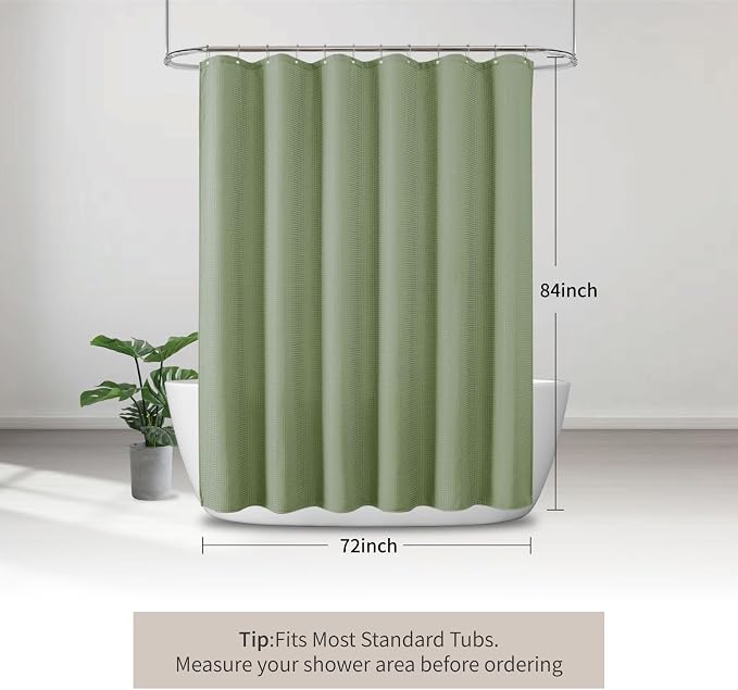 Sage Green 256GSM Waffle Weave Shower Curtain, 72"x84" | Extra Long with Weighted Hem & Rustproof Grommets-Water-Repellent Polyester, Hotel Spa Style for Bathroom,RV,Apartment