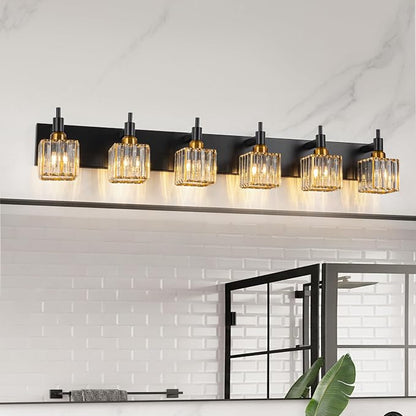 6-Lights Crystal Bathroom Vanity Light Black Gold Modern Bathroom Lighting Fixtures Over Mirror, Wall Light Fixtures