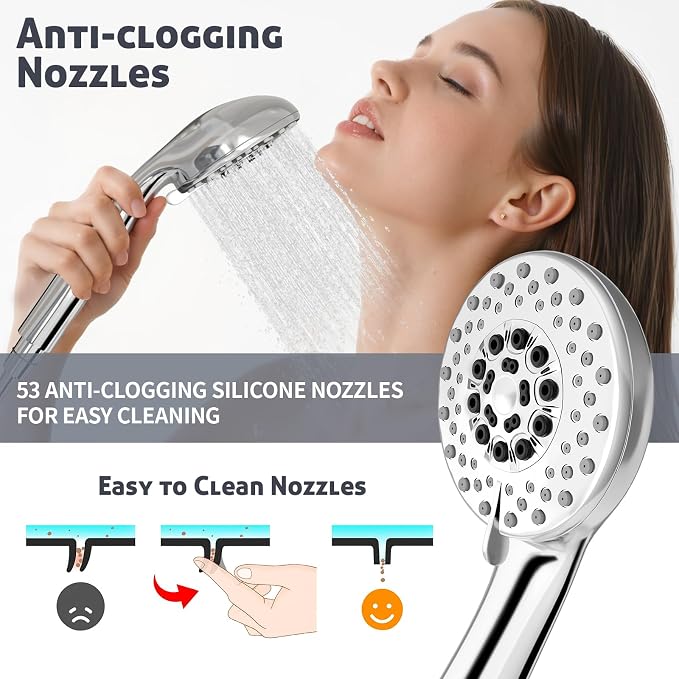 High Pressure Shower Head with Powerful Shower Spray & 59'' Stainless Steel Hose, 5 Spray Modes, Adjustable Bracket and Non-Clogging Nozzles（Chrome）
