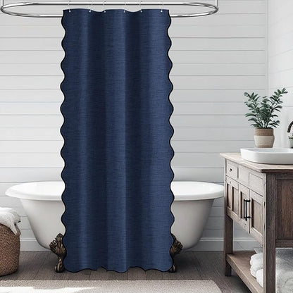 BTTN Boho Stall Shower Curtain, 36 Inch Small Scalloped Linen Textured Heavy Duty Fabric Shower Curtain Set with 6 Hook, Small Elegant Vintage Country Waterproof Cloth Bath Curtains, Navy Blue, 36x72