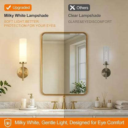 [Hardwired] Wall Sconces Set of Two, Brushed Gold Bathroom Sconces with Milky White Glass, Modern Wall Light Fixtures for Bathroom Mirror Vanity, Living Room, Hallway, Stairway, Cabinet, Foyer