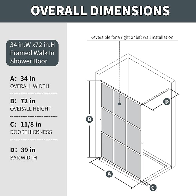 34x72 Matte Black Walk-In Shower Screen, 1/4" Tempered Glass with Frame | Metal Finish Grid Pattern, Aluminum Alloy Frame, Stainless Steel System, Reversible Installation, Easy to Assemble, No Base