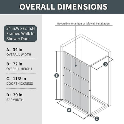34x72 Matte Black Walk-In Shower Screen, 1/4" Tempered Glass with Frame | Metal Finish Grid Pattern, Aluminum Alloy Frame, Stainless Steel System, Reversible Installation, Easy to Assemble, No Base