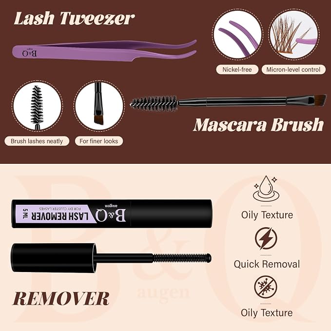 B&Q Brown Lash Clusters Kit Natural Mochalash Clusters 02, Wispy Eyelash Clusters Kit C-Curl Cluster Eyelash Extensions 8-16mm Brown Lash Eyelashes Kit for Fair/Dark Hair(Mochalash 02 Set)