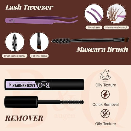 B&Q Brown Lash Clusters Kit Natural Mochalash Clusters 02, Wispy Eyelash Clusters Kit C-Curl Cluster Eyelash Extensions 8-16mm Brown Lash Eyelashes Kit for Fair/Dark Hair(Mochalash 02 Set)