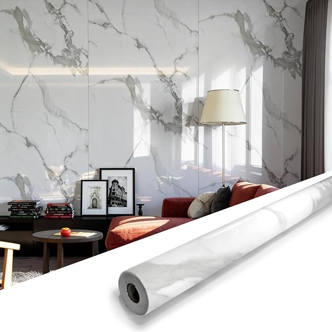 Marble Peel and Stick Waterproof Wall Paneling, 118" x 47" Carrara White Glossy Finish Self-Adhesive Backsplash Tile Vinyl Wall Panel for Kitchen Bathroom Wall Decor, Covers 38.75 Sq. Ft.