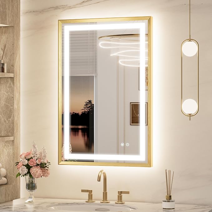Keonjinn 24x36 Inch Gold LED Bathroom Mirror with Lights, Beveled Edge | Frontlit & Backlit, Lighted Bathroom Mirror, HD Tempered Glass, 3 Color Temperatures, Anti-fog, Stepless Dimmable