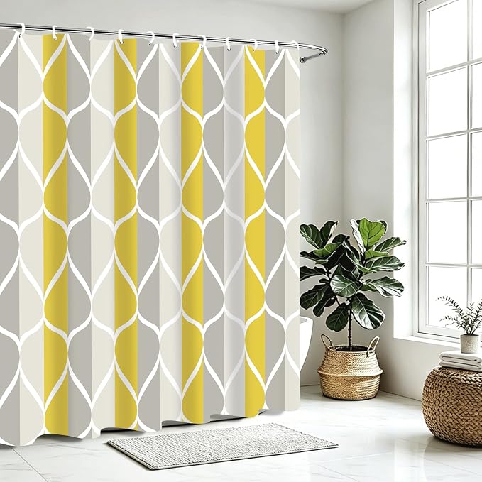 Gelbchu Geometric Shower Curtain for Bathroom, Gray Yellow, 72x72 Inch | with Hooks, Premium Polyester, Quick Dry, Water Repellent, Machine Washable, Rustproof Grommets, Modern Minimalist