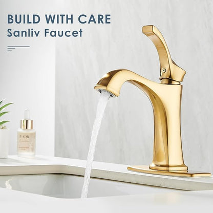 Brushed Gold Single Handle Bathroom Faucet, Deck Mount, 1 or 3 Hole Centerset, Solid Brass Body, Ceramic Disc Cartridge, Easy Installation, 6-Inch Deck Plate