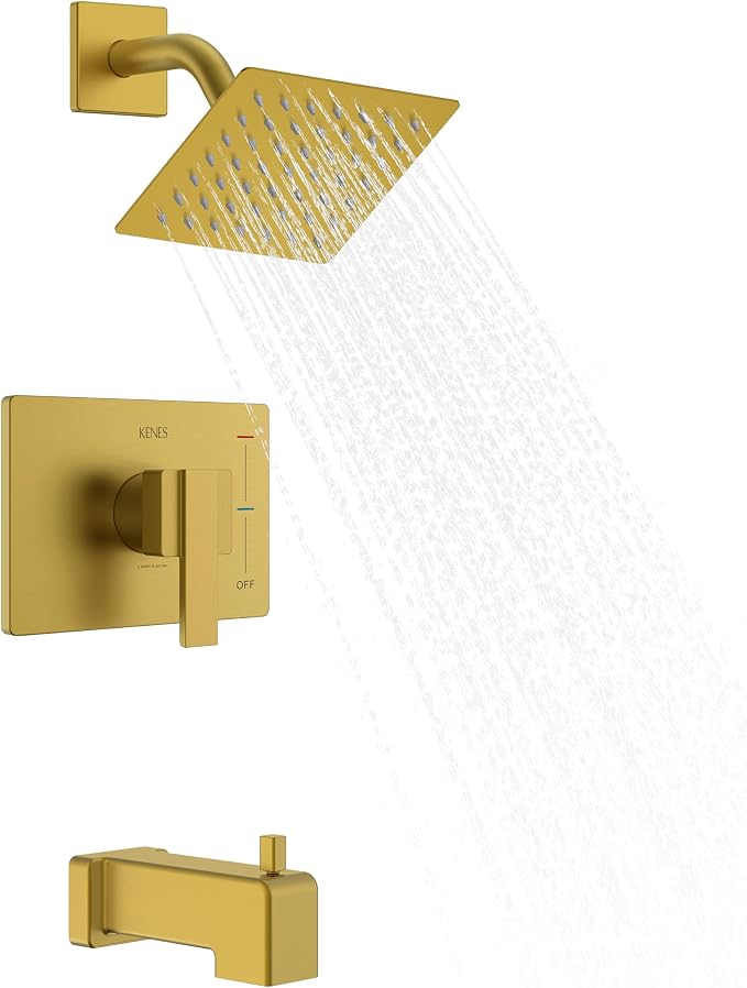 KENES Shower Set with Tub Faucet, Brushed Gold Tub Shower Faucet Set | Shower Faucet with 6-Inch Rain Shower Head, Square Shower System, Valve Included, Lead-Free cUPC & NSF Certified, Stainless