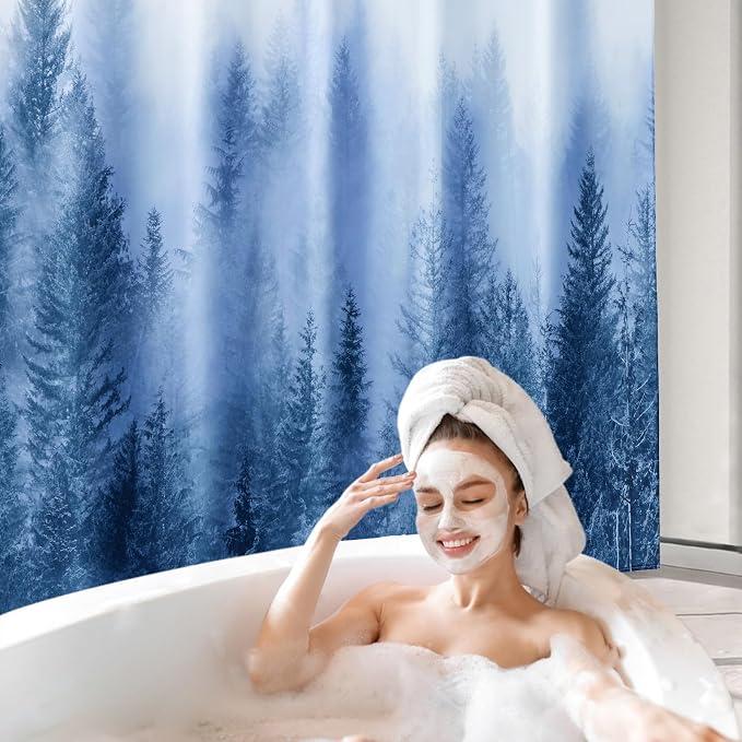 ORTIGIA Blue Shower Curtain for Bathroom, Misty Forest Nature Woodland Shower Curtain Set with Metal Hooks, Decorative Pine Tree Fog Magic Bath Curtain for Home, Waterproof Fabric, Weighted, 72x72