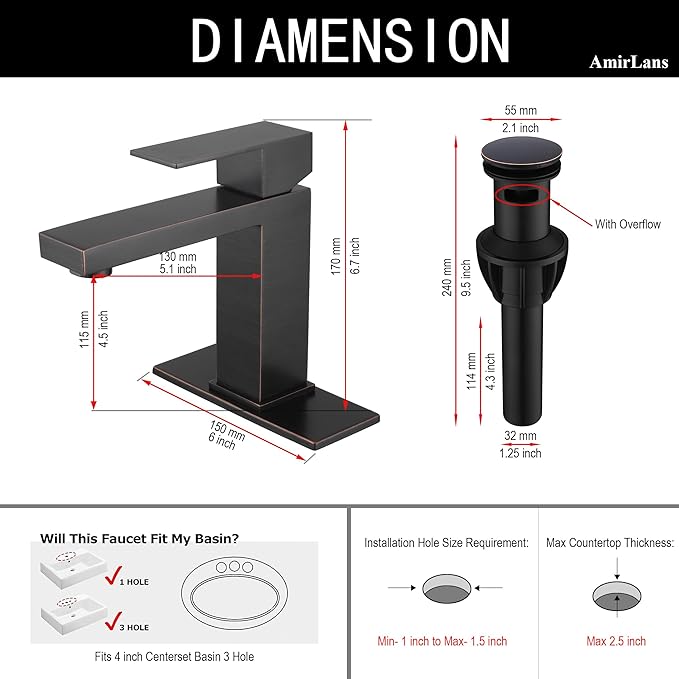 Oil Rubbed Bronze Bathroom Faucet 1 Hole, Stainless Steel Single Hole Bathroom Sink Faucet with Pop Up Drain, Bronze Lavatory Sink Faucet AML-1141-ORB