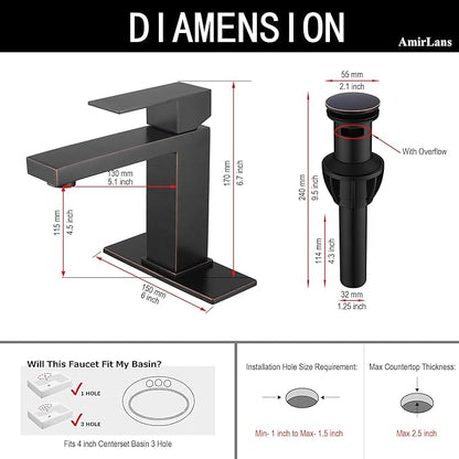 Oil Rubbed Bronze Bathroom Faucet 1 Hole, Stainless Steel Single Hole Bathroom Sink Faucet with Pop Up Drain, Bronze Lavatory Sink Faucet AML-1141-ORB