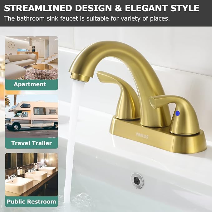 Bathroom Sink Faucet 4 Inch Centerset for Vanity, Brushed Gold | Mid Arc, 2 Handle Lead-Free Deck Mount Bathroom Faucet with Pop Up Drain Supply Lines, for 2 or 3 Hole Lavatory Utility Sink