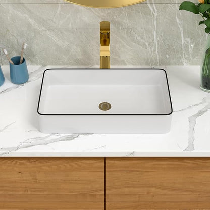 Lordear Rectangular Bathroom Vessel Sink 24x14 Inches White Bathroom Sinks 24 Inch with Black Rim Ceramic Sink Above Counter Lavatory Vanity