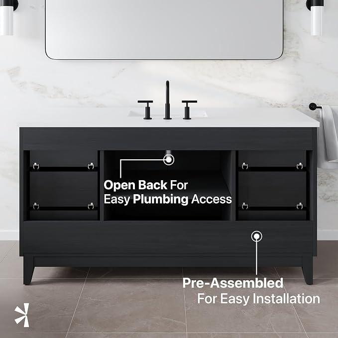Graham 60 in. Blackwood Single Sink Bath Vanity with Arabescato Engineered Stone Top and Undermount Porcelain Sink