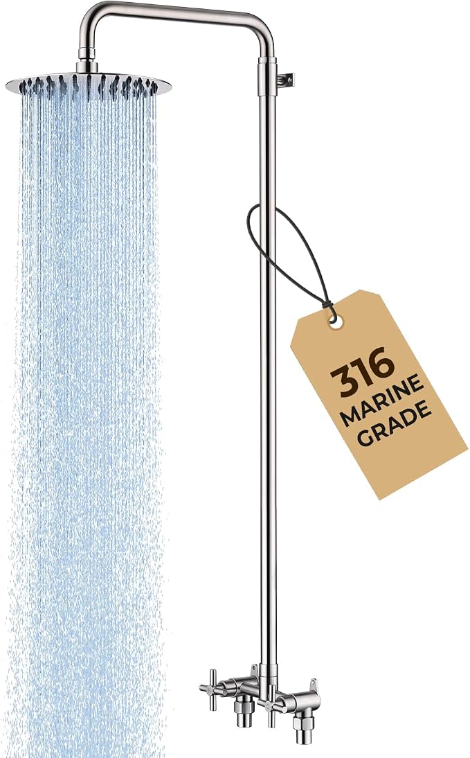 316 Marine-Grade Stainless Steel Wall-Mount Outdoor Shower Kit | SUS 316 Stainless Steel, Easy Install, Height Adjustable, Exposed Wall-Mount, for Beach, Coastal & Backyard Homes