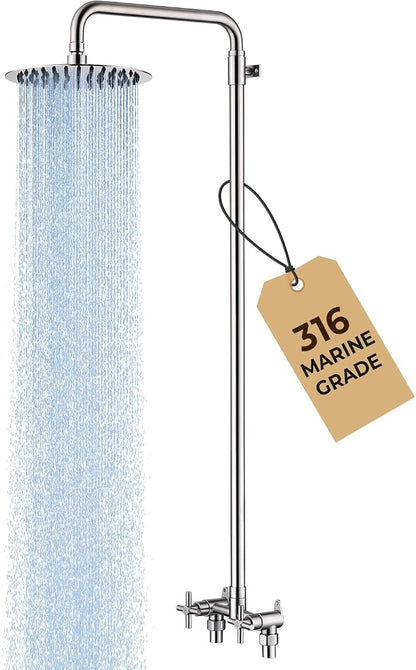 316 Marine-Grade Stainless Steel Wall-Mount Outdoor Shower Kit | SUS 316 Stainless Steel, Easy Install, Height Adjustable, Exposed Wall-Mount, for Beach, Coastal & Backyard Homes