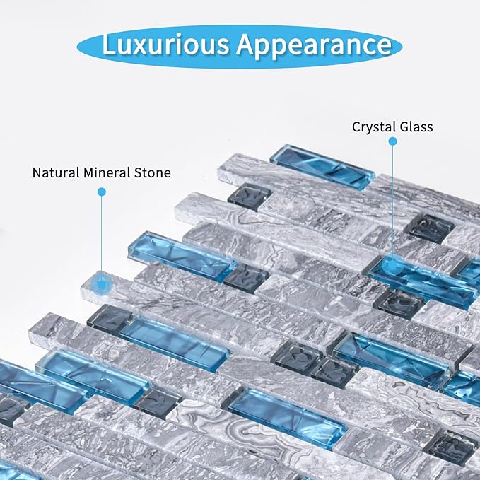 Art3d Grout Decorative Tile, Blue/Gray, Glass, for Kitchen Backsplash or Bathroom Backsplash (5 Pack)