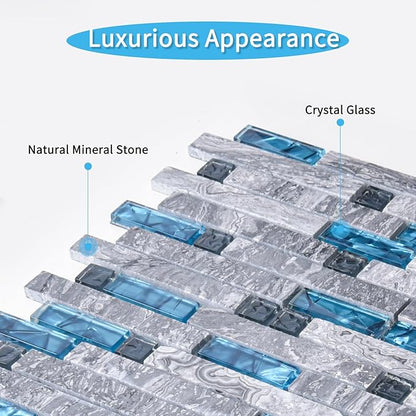 Art3d Grout Decorative Tile, Blue/Gray, Glass, for Kitchen Backsplash or Bathroom Backsplash (5 Pack)
