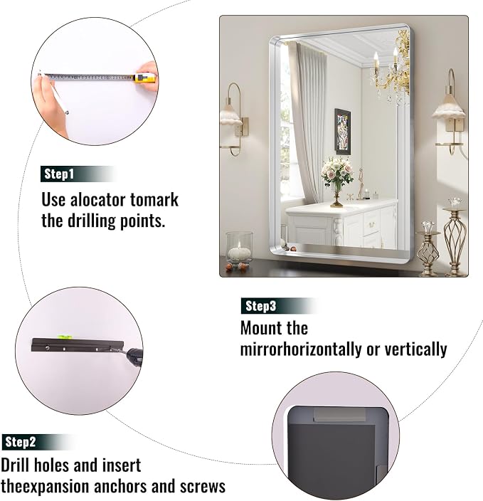 Easly Silver Bathroom Mirror for Wall, 36x24 Inch Rectangular Aluminum Alloy Framed Mirror, Modern Wall Mounted Vanity Mirror for Bathroom, Vertical or Horizontal