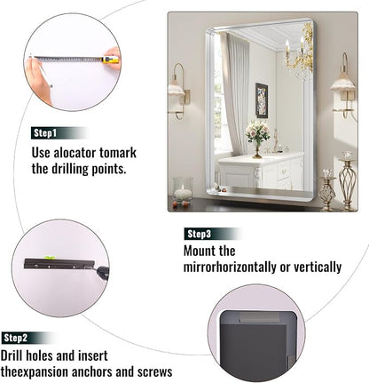 Easly Silver Bathroom Mirror for Wall, 36x24 Inch Rectangular Aluminum Alloy Framed Mirror, Modern Wall Mounted Vanity Mirror for Bathroom, Vertical or Horizontal