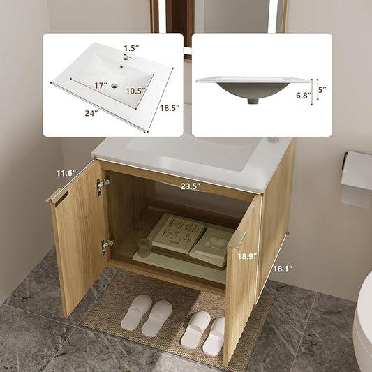 24 Inch Bathroom Vanity with Sink, Wall Mounted Floating Cabinet with Ceramic Basin, Waterproof Engineered Wood for Powder Room & Small Bathroom