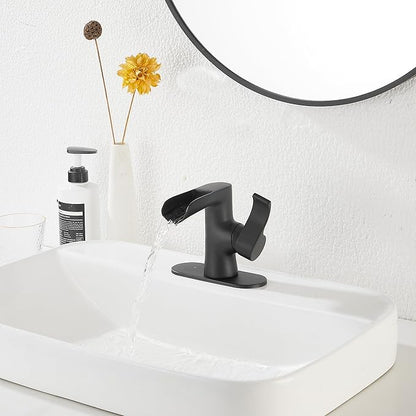 Single Handle Bathroom Faucet Matte Black Waterfall GGStudy Bathroom Vanity Faucet Black Basin Matching Pop Up Drain with Overflow