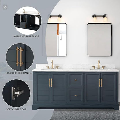 HOMEBEYOND 72 Inch Bathroom Vanity with Double Sink & Ceramic Top, Vanity Cabinet with Center Countertop Basin, Soft-Closing Doors, Backsplash, Vintage Spruce Blue