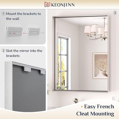 Keonjinn 55x36 Inch Nickel Bathroom Mirror for Over Sink, Rectangular | HD Tempered Glass, Vanity Mirror, Brushed Framed, Square Corner, Modern Farmhouse, Wall Mounted Mirrors, Aluminum Alloy