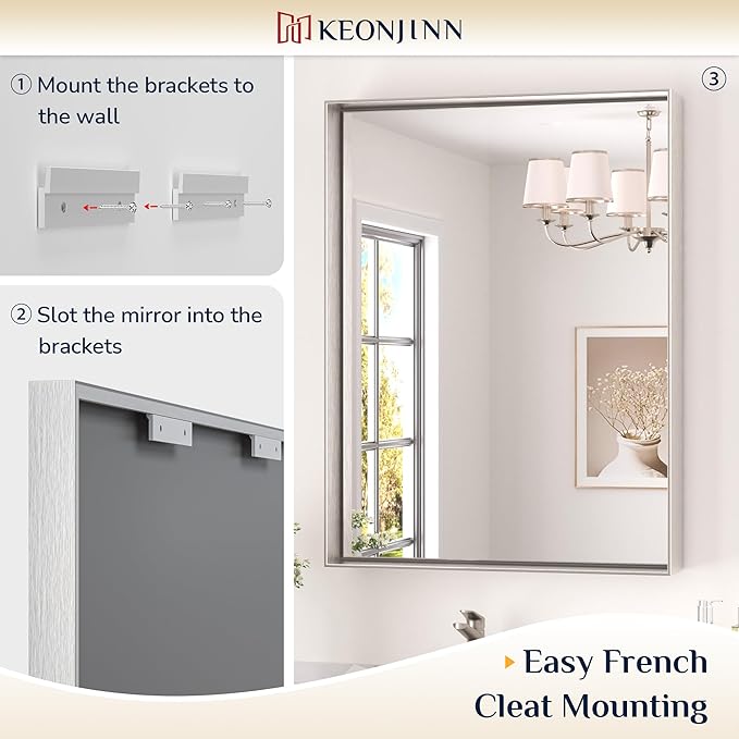Keonjinn 40x30 Inch Brushed Nickel Bathroom Mirror for Over Sink, Rectangle | HD Tempered Glass, Vanity Mirror, Brushed Framed, Square Corner, Modern Farmhouse, Wall Mounted Mirrors, Aluminum Alloy