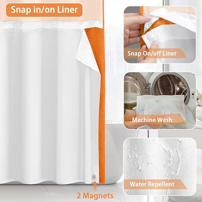 No Hook Shower Curtain and Liner Set,Orange Hotel Waffle Shower Curtain with Liner 75" L x 72" W
