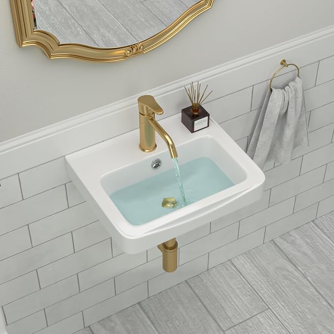 Wall Mount Vessel Sink | Beslend 17x14 Inch White Ceramic Vessel Sink, Rectangular White Art Hand Wash Basin with Overflow and Hole, Space-Saving