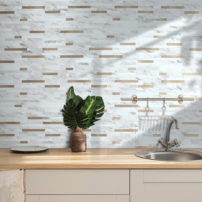 AULIGET 2 Sheets Faux Stone White Marble Peel and Stick Backsplash, PVC Mixed Metal Champagne Gold Wall Tile Stick on Backsplash for Kitchen and Bathroom