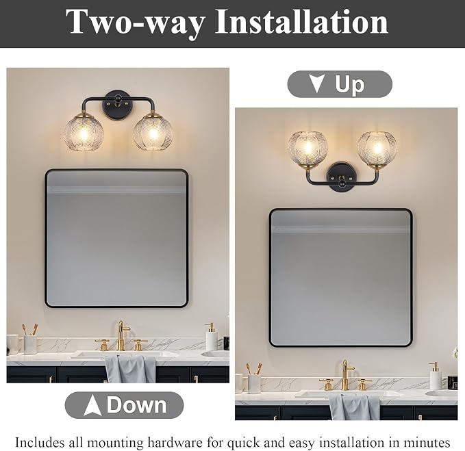 Mecgirn Bathroom Vanity Light Fixtures, 2-Light Smoky Gray Glass Shade, Modern Black and Gold Wall Sconce, Unique Textured Leaf Pattern, Ceramic E26 Sockets Wall Mounted for Mirror, Cabinet, Hallway