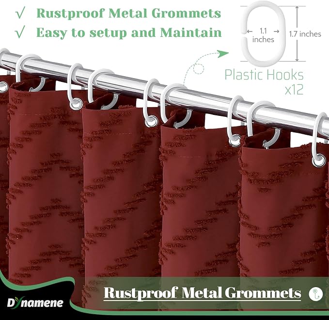 Boho Farmhouse Shower Curtain Tufted Chevron 72"x72" Burgundy | Elegant Tassel, Soft Lightweight Textured Fabric, Water Repellent, Washable, Hotel Spa, for Bathroom/Dorm/Apartment 12 Hooks