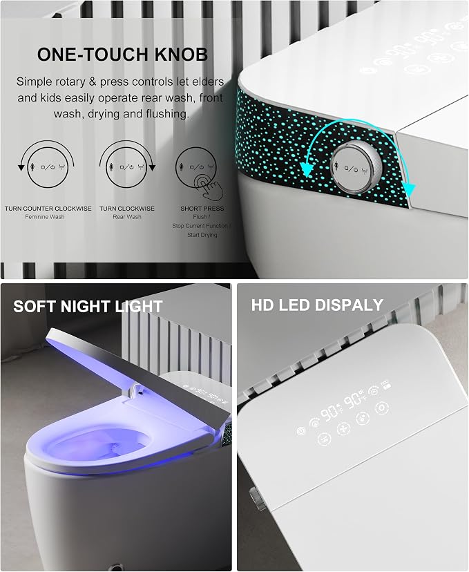 Smart Toilet with Bidet Built In, Auto Flush, ADA Comfort Height | Built-in tank supports 1000g MaP and outage flushing; Foam Shield, auto lid, heated seat, instant warm wash/dry add comfort.