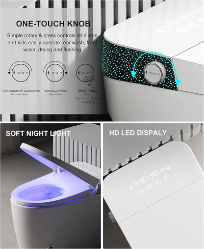 Smart Toilet with Bidet Built In, Auto Flush, ADA Comfort Height | Built-in tank supports 1000g MaP and outage flushing; Foam Shield, auto lid, heated seat, instant warm wash/dry add comfort.