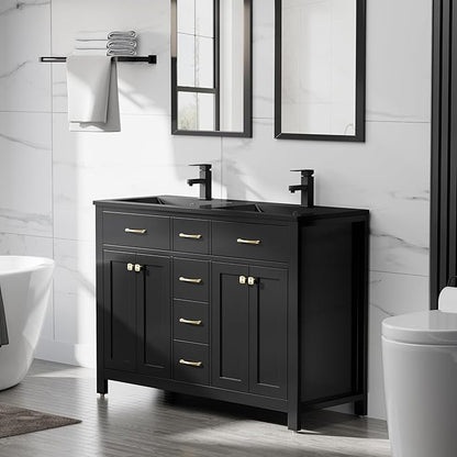 LUCKWIND 48" Bathroom Vanity with Sink Combo, Painted Modern Bathroom Storage Cabinet with Double Resin Black Sink, Four Doors and Three Drawers, Include Faucet Without Mirror, Black