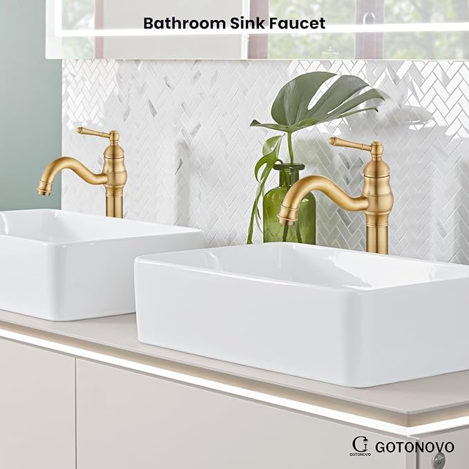 gotonovo Vessel Sink Faucet 360° Swivel Spout Single Handle Tall Bathroom Faucet 1 Hole Farmhouse Lavatory Washbasin Mixer Tap Matching Supply Hoses, with Pop Up Drain, Antique Brass