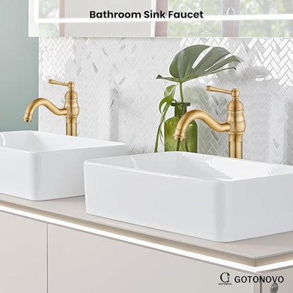 gotonovo Vessel Sink Faucet 360° Swivel Spout Single Handle Tall Bathroom Faucet 1 Hole Farmhouse Lavatory Washbasin Mixer Tap Matching Supply Hoses, Without Pop Up Drain, Antique Brass