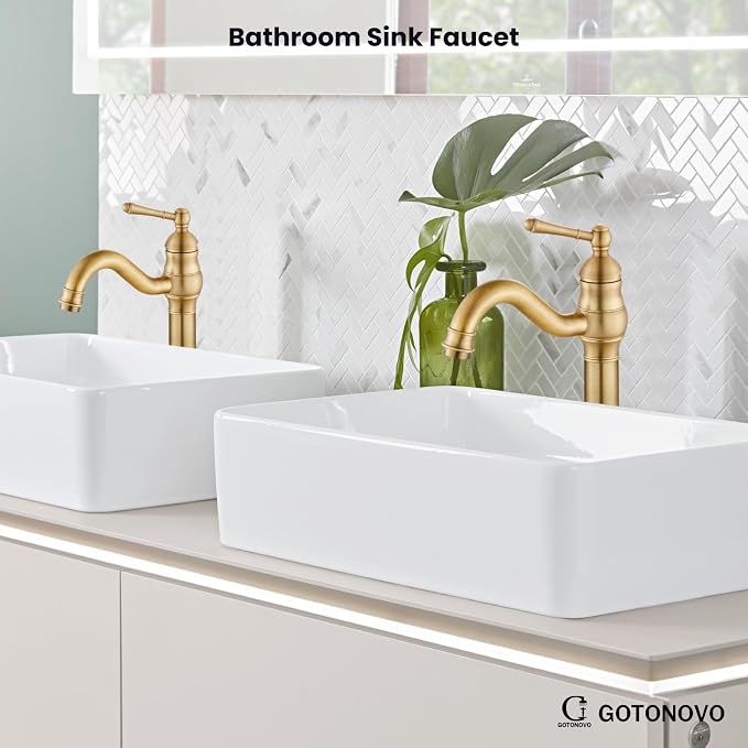 gotonovo Vintage Bathroom Vessel Sink Faucet, Antique Brass, No Drain | Tall Bathroom Faucet 1 Hole Single Handle, 360° Swivel Spout, cUPC Water Lines, Lead-Free, for Farmhouse Vanity Washbasin RV