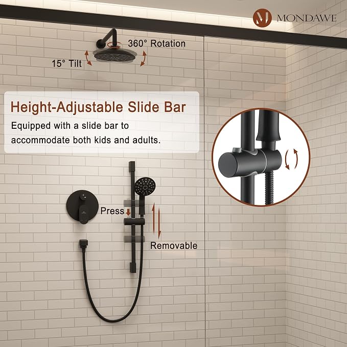 MONDAWE 8 Inch Wall Mounted Shower Faucet Set in Matte Black, Rainfall Shower Head with 3-Setting Handheld Spray Shower Set Combo, High Pressure Shower System with Solid Brass Valve